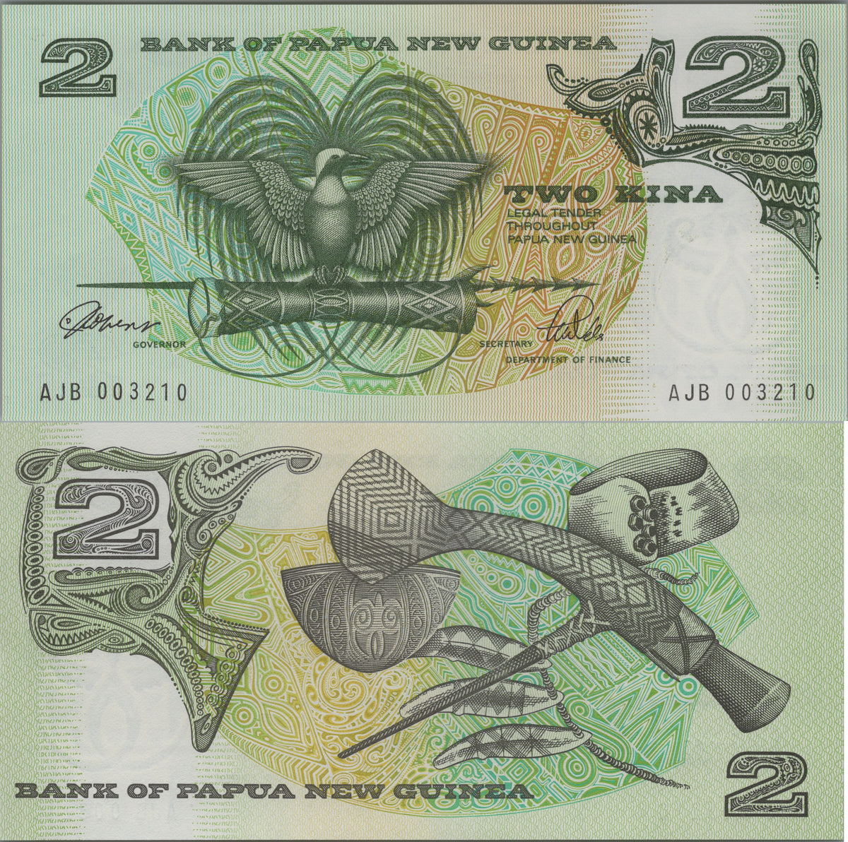 Papua New Guinea 2 Kina, P5c, Uncirculated, 1989; features a Bird of Paradise