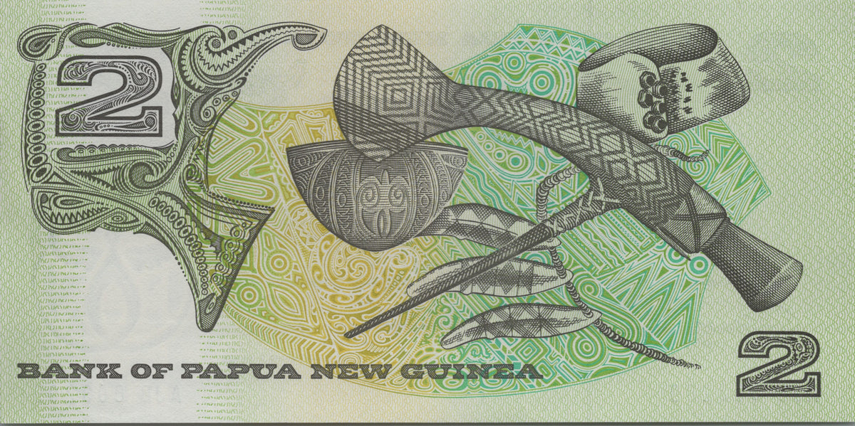 Papua New Guinea 2 Kina, P5c, Uncirculated, 1989; features a Bird of Paradise