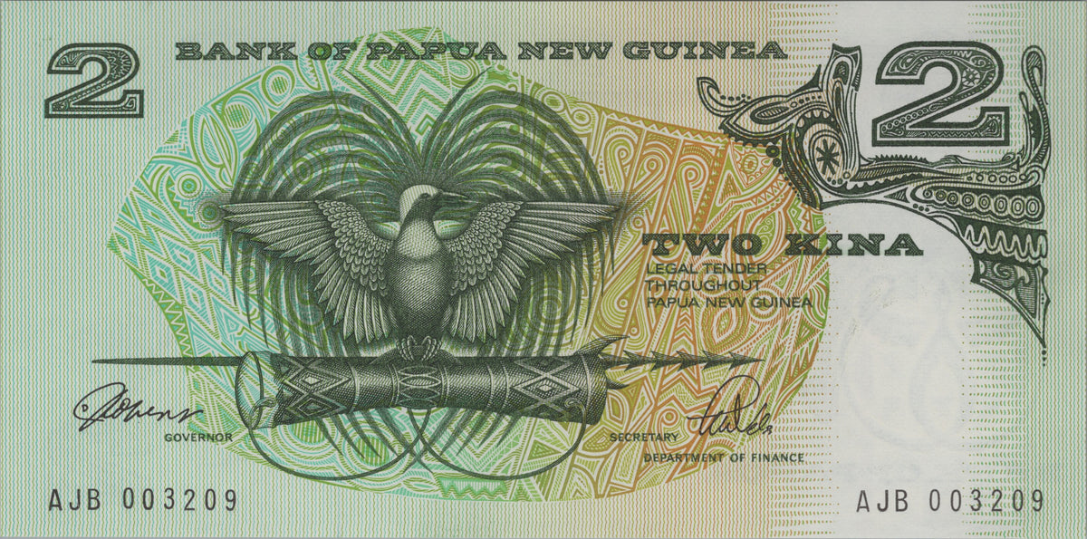 Papua New Guinea 2 Kina, P5c, Uncirculated, 1989; features a Bird of Paradise