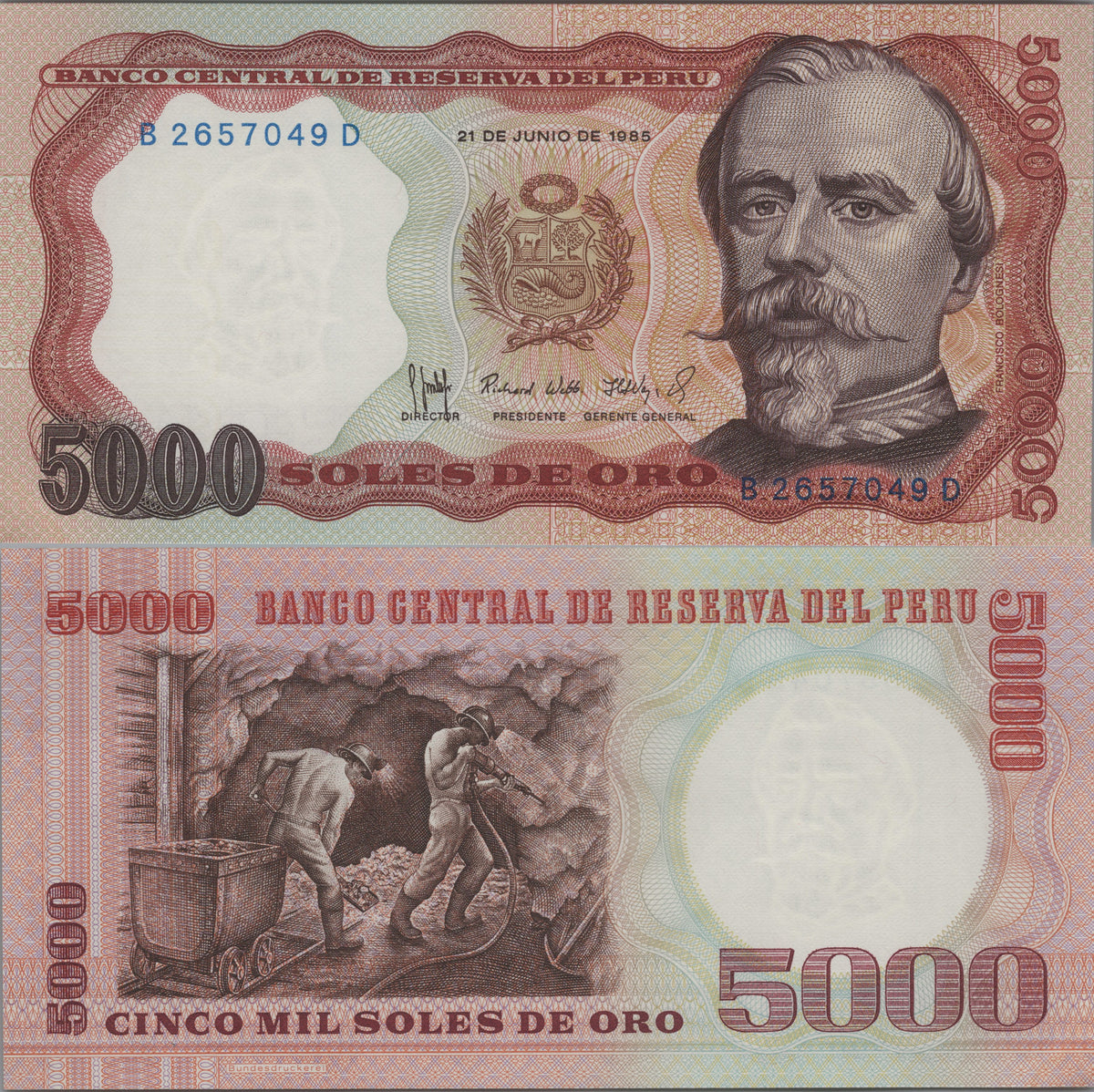Peru 500 Soles, P117c, Uncirculated, 1985; features Francisco Bolognesi