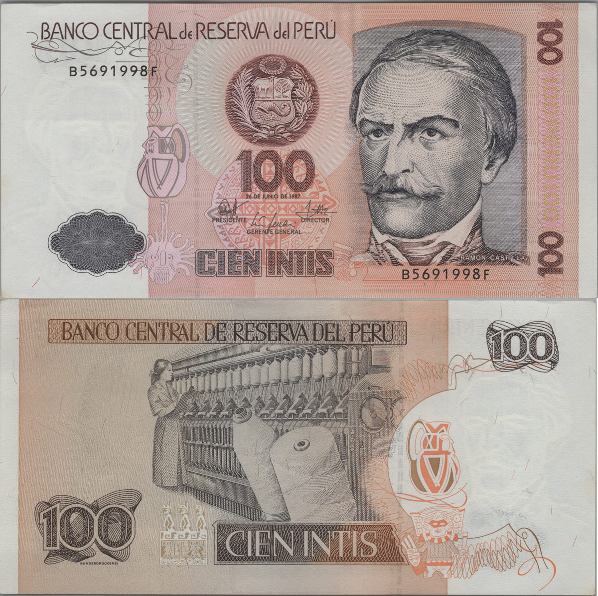 PERU 100 Intis, P133; UNCIRCULATED, 1987; features Cotton Spinning machine