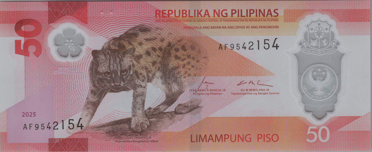 Philippines 50 Piso, B1105b, Uncirculated, 2025; features Visayan Leopard Cat
