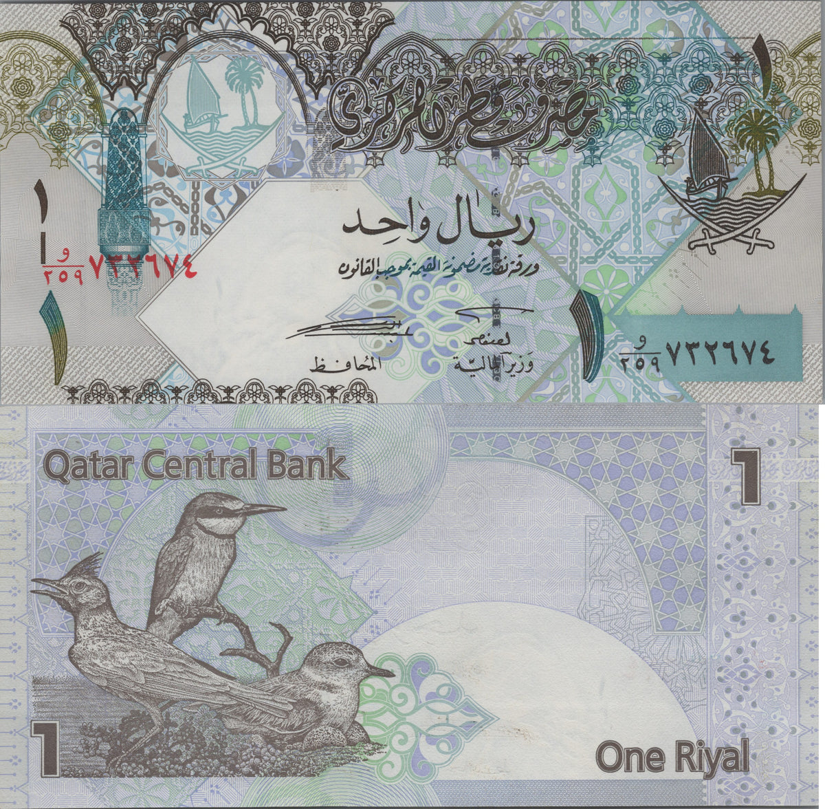 Qatar 1 Riyal, P28a, Uncirculated, 2008; features White-cheeked Terns