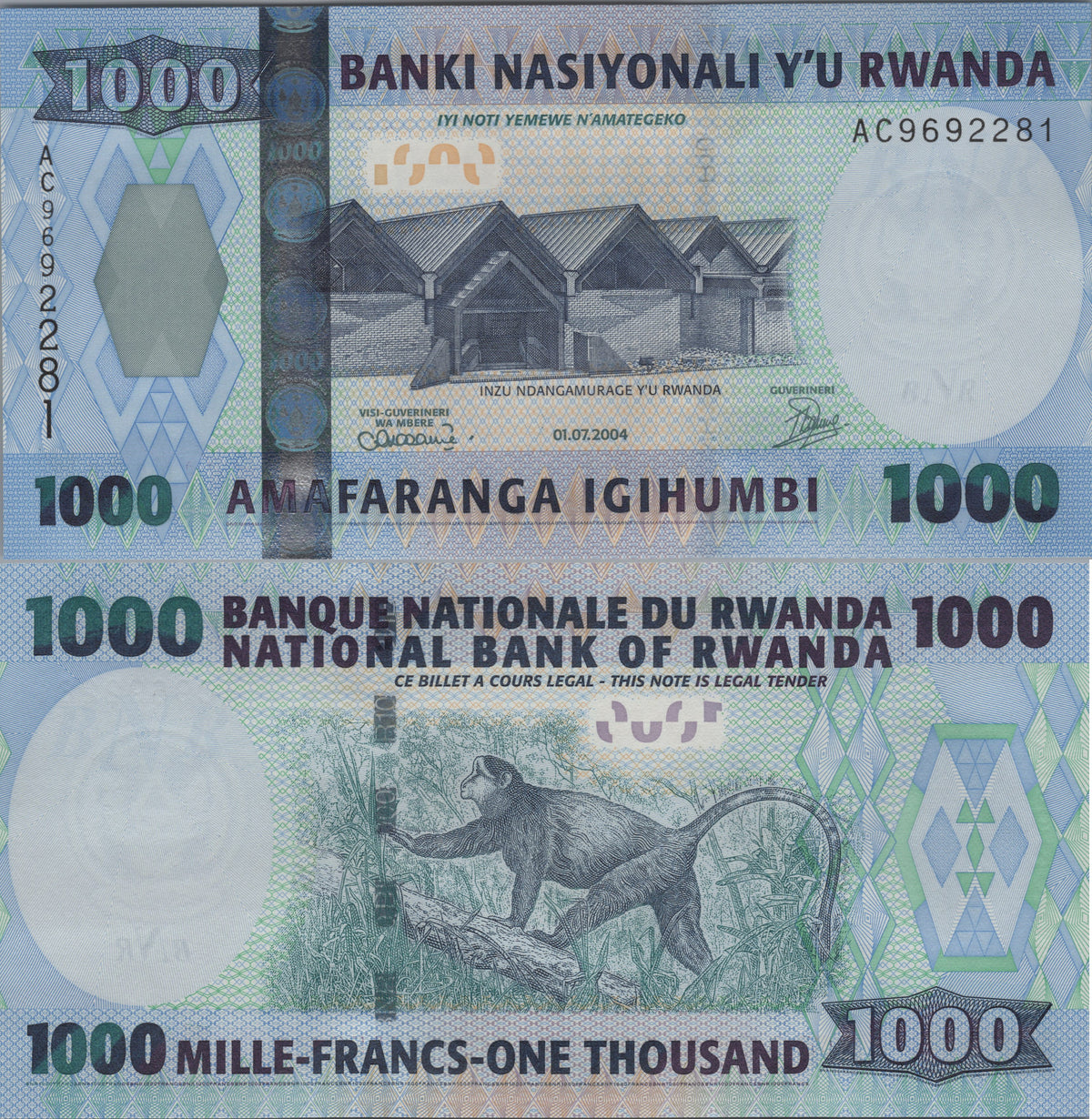 Rwanda 1000 Francs, P31, 2004, UNCIRCULATED; features a Golden Monkey