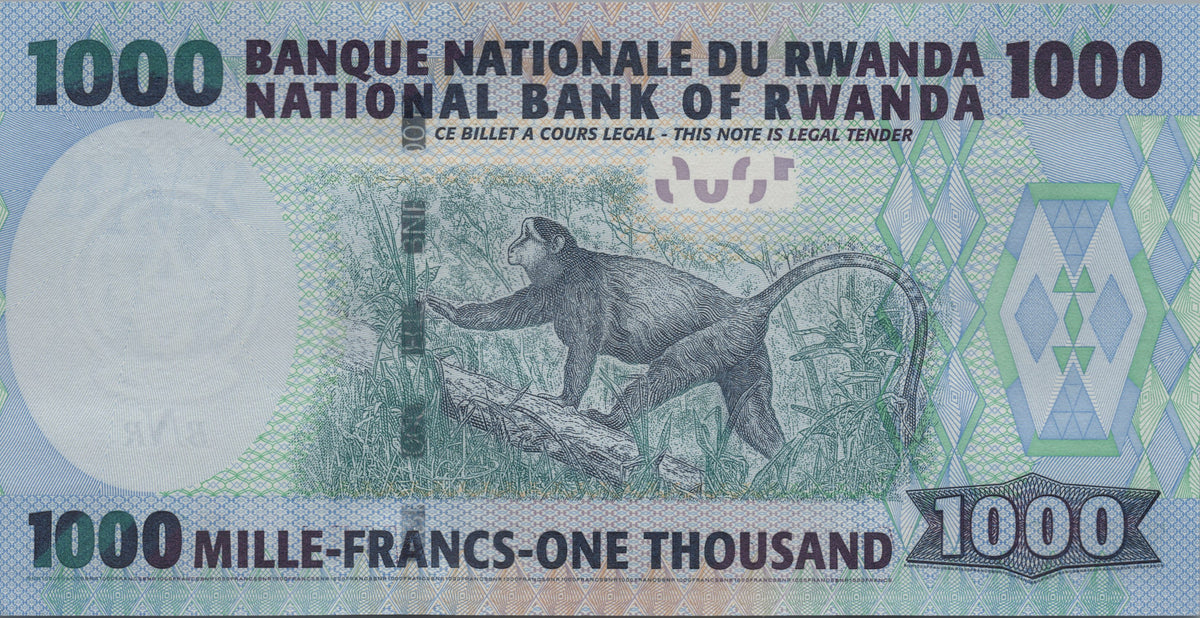 Rwanda 1000 Francs, P31, 2004, UNCIRCULATED; features a Golden Monkey