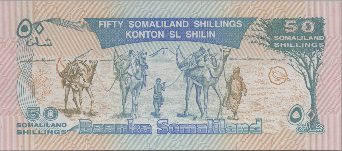 Somaliland 50 Shillings, P7, Uncirculated, 2002; features a Greater Kudu