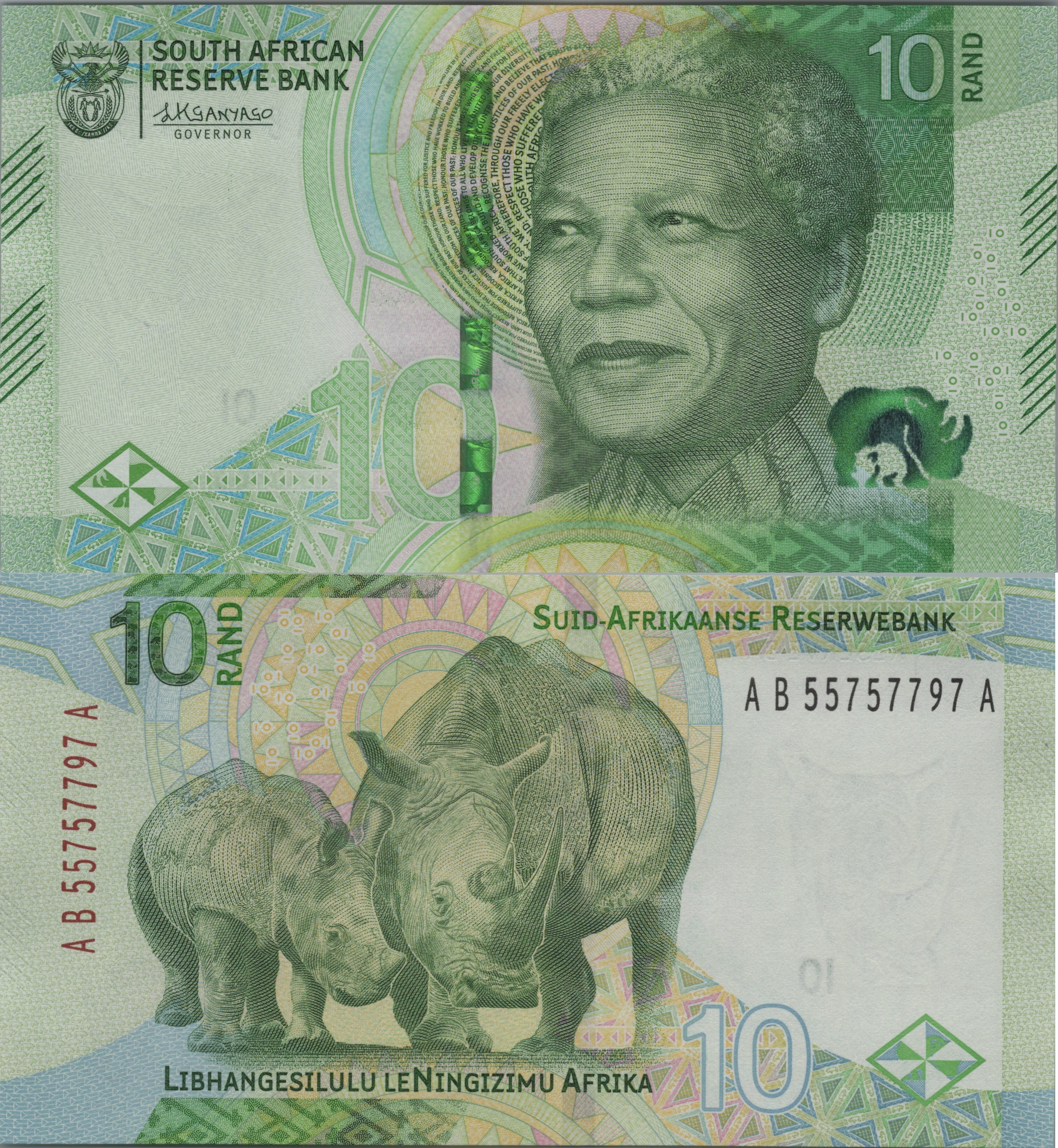 SOUTH AFRICA 10 Rand, B777a, UNCIRCULATED, 2023; features a Rhinoceros
