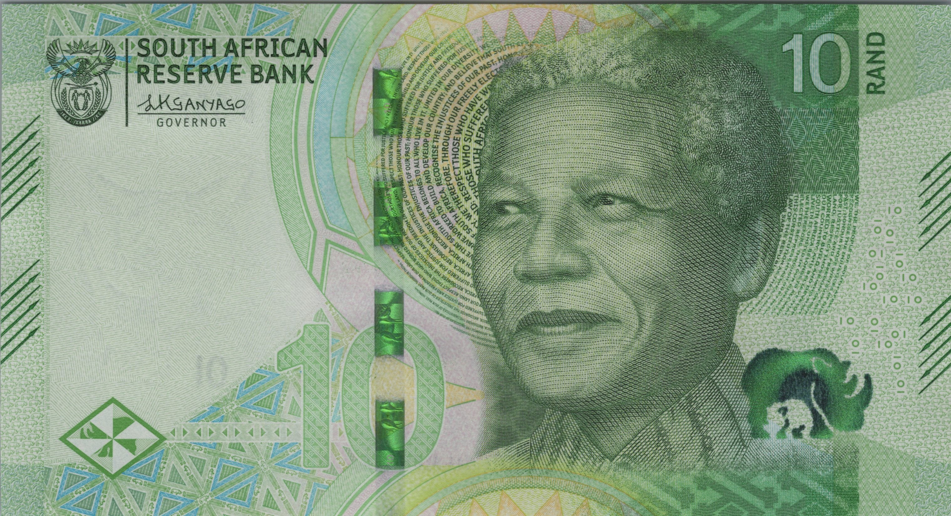 SOUTH AFRICA 10 Rand, B777a, UNCIRCULATED, 2023; features a Rhinoceros