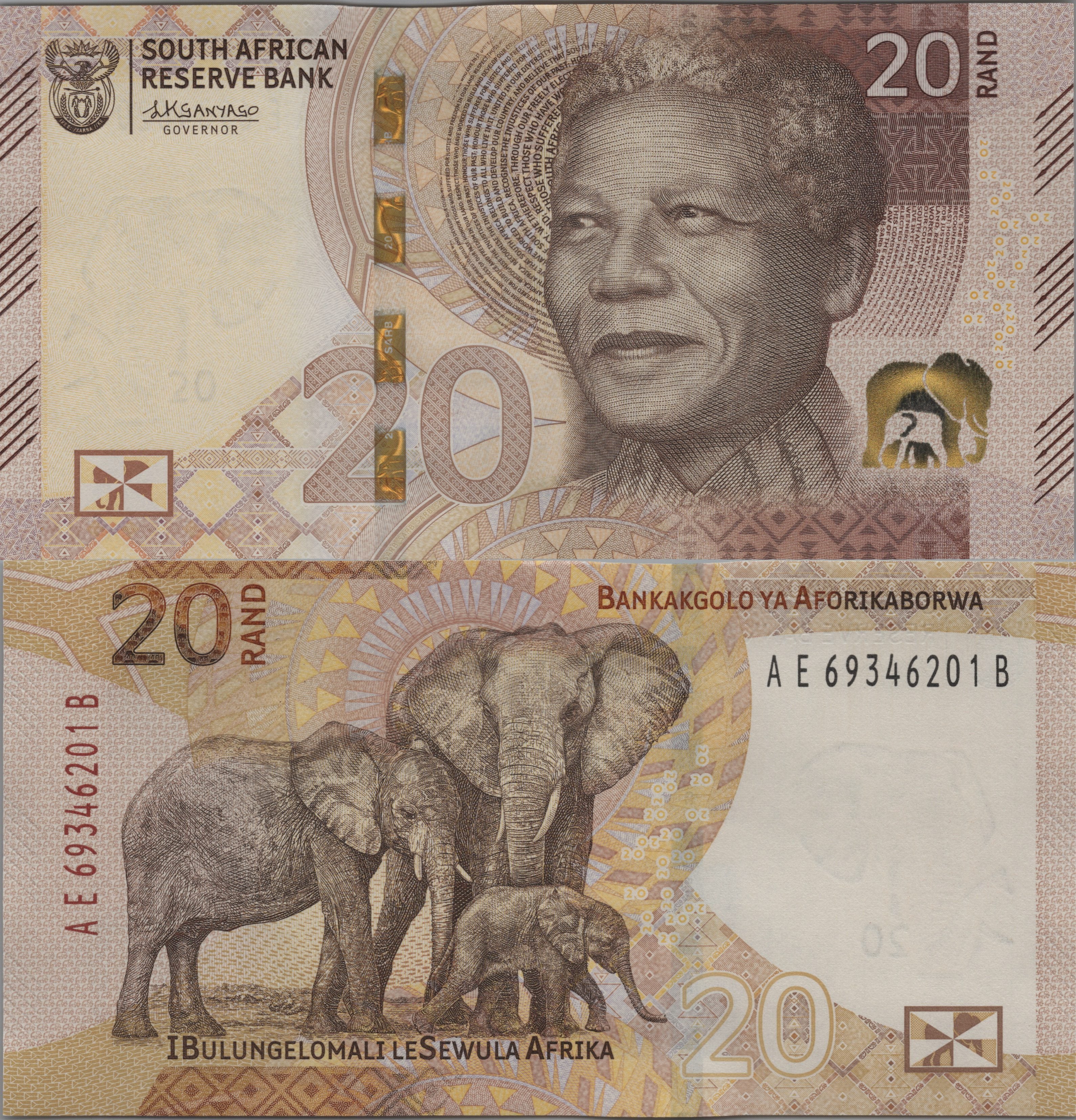 SOUTH AFRICA 20 Rand, B778a, UNCIRCULATED, 2023; Nelson Mandela and Elephants