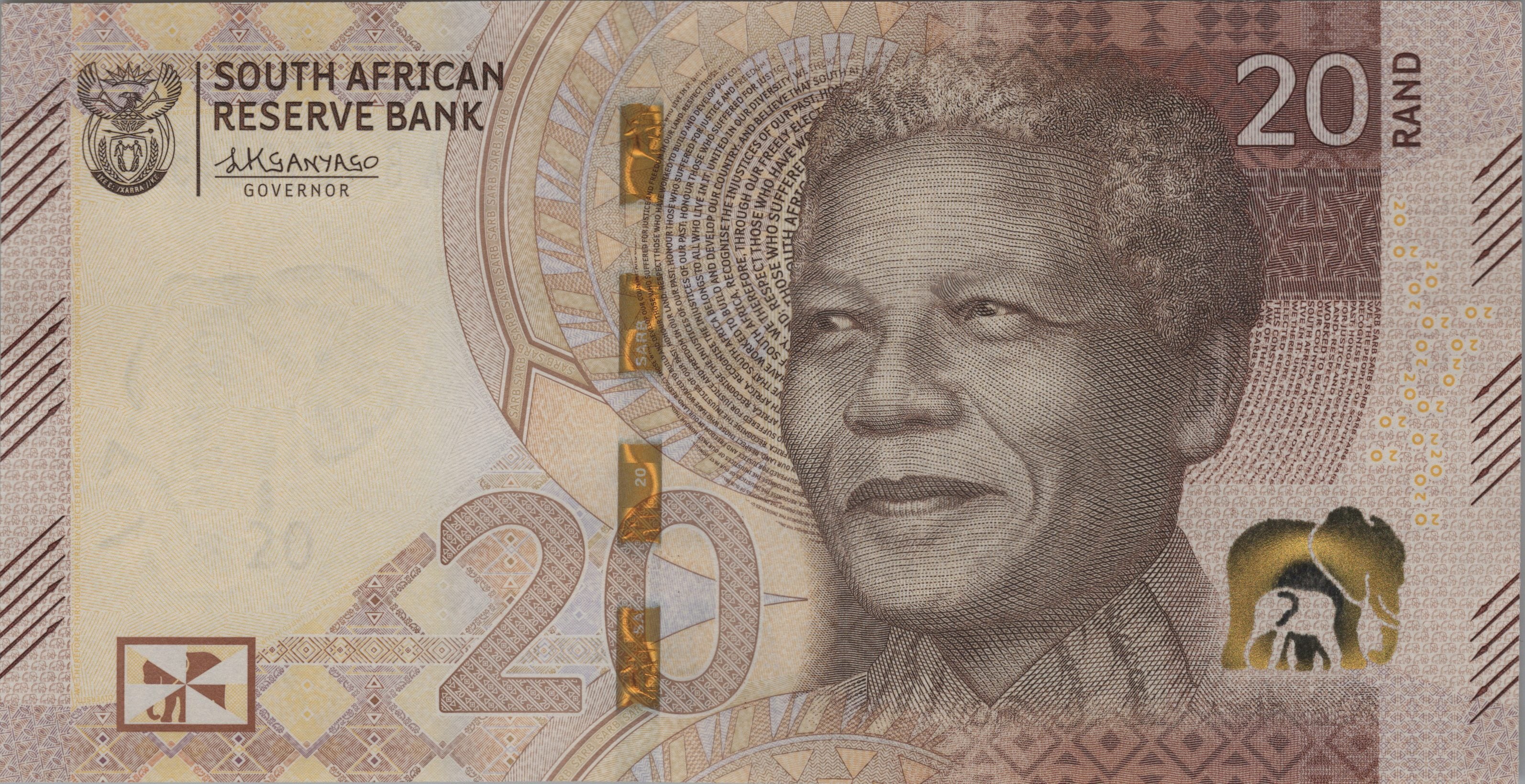 SOUTH AFRICA 20 Rand, B778a, UNCIRCULATED, 2023; Nelson Mandela and Elephants