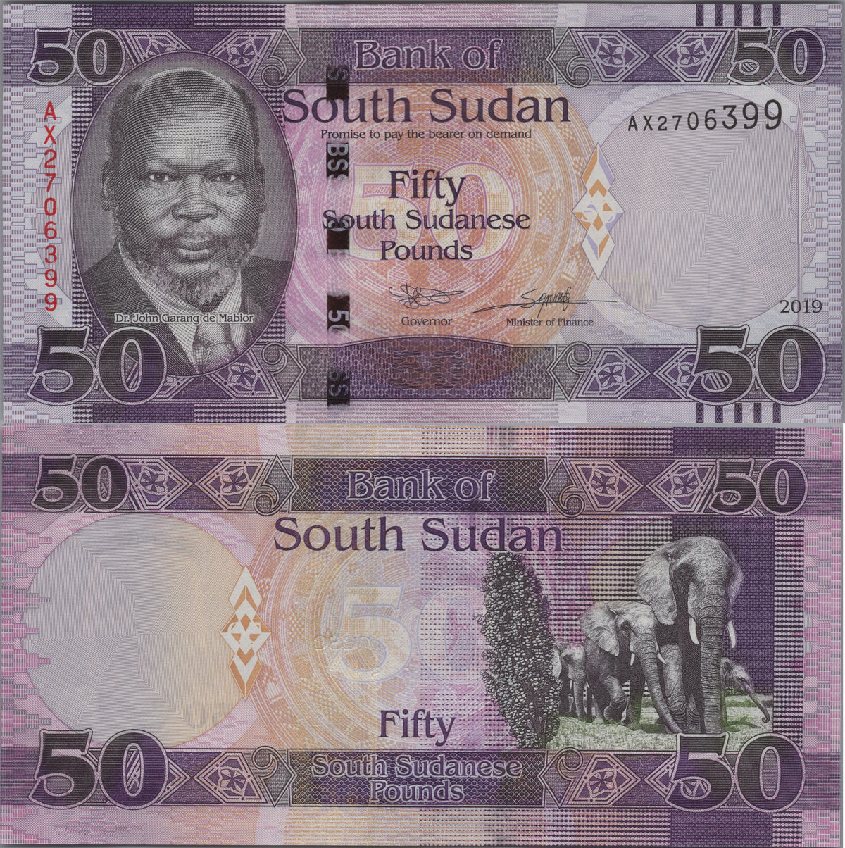 South Sudan 50 Pounds B114d 2019 Uncirculated features four African Elephants reverse