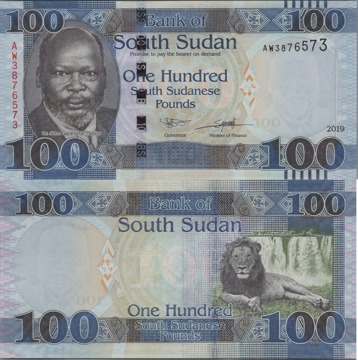 South Sudan 10 Pounds, B115d, Uncirculated, 2019; features a Lion