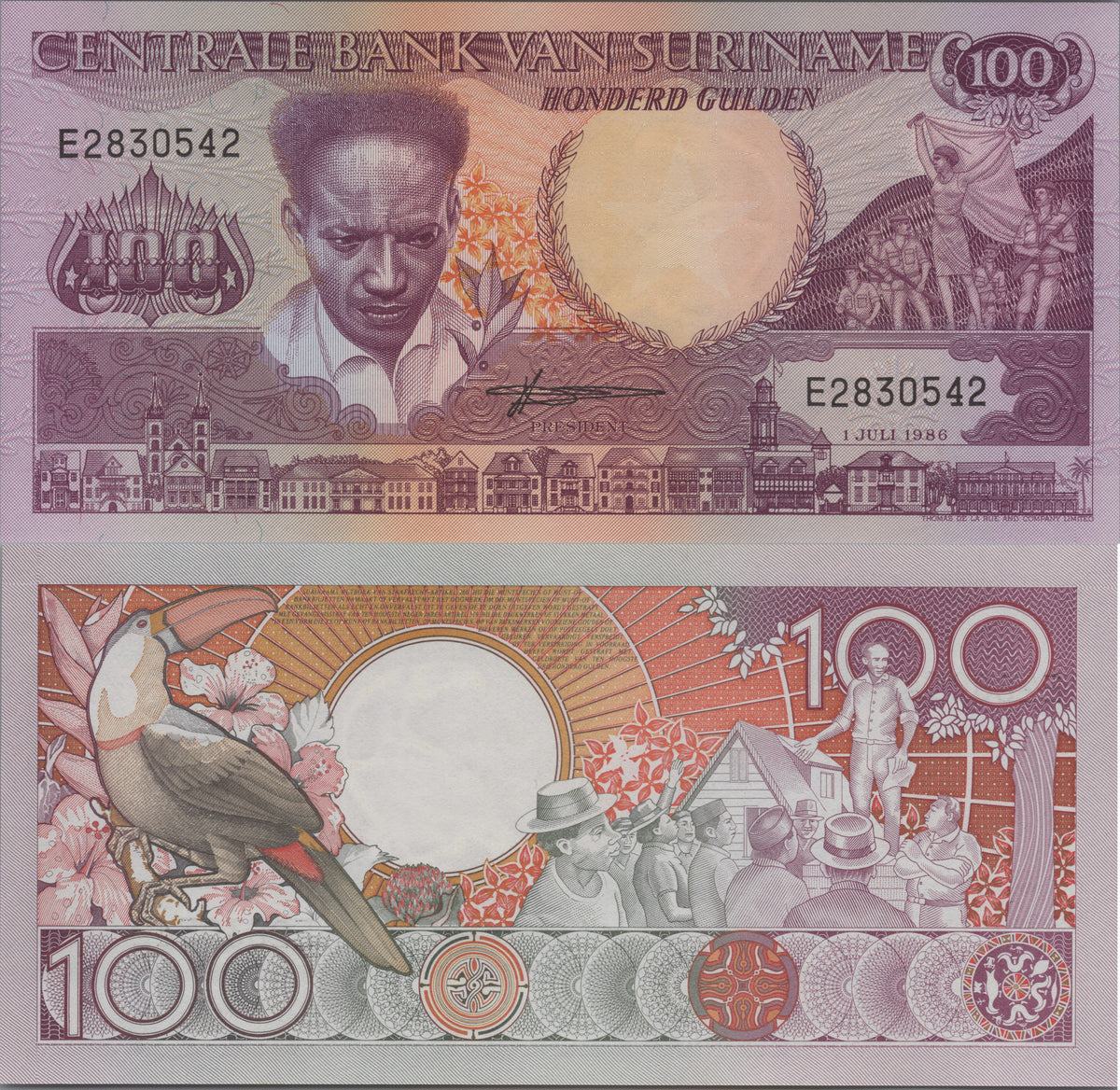 SURINAME 100 Gulden Banknote; P133a, UNCIRCULATED; From 1986 featuring a Toucan