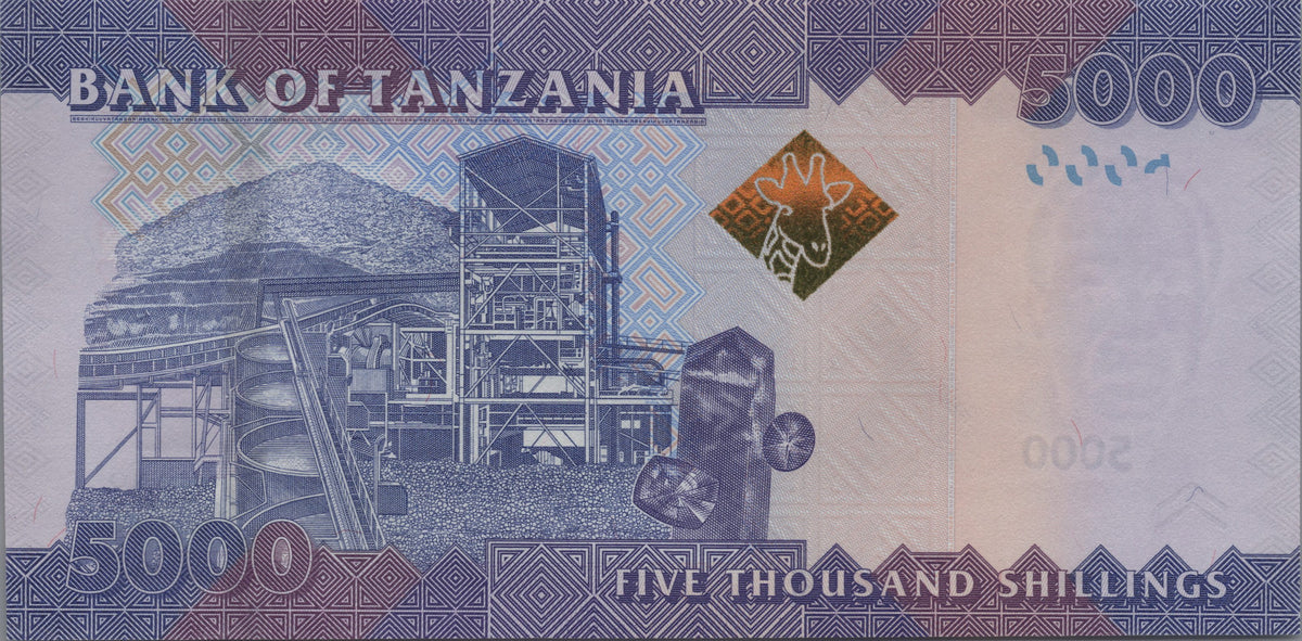 Tanzania 5000 Shillings, B142c, Uncirculated, 2020; features a Rhinoceros