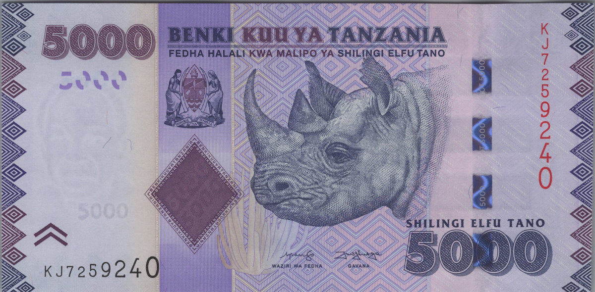 Tanzania 5000 Shillings, B142c, Uncirculated, 2020; features a Rhinoceros