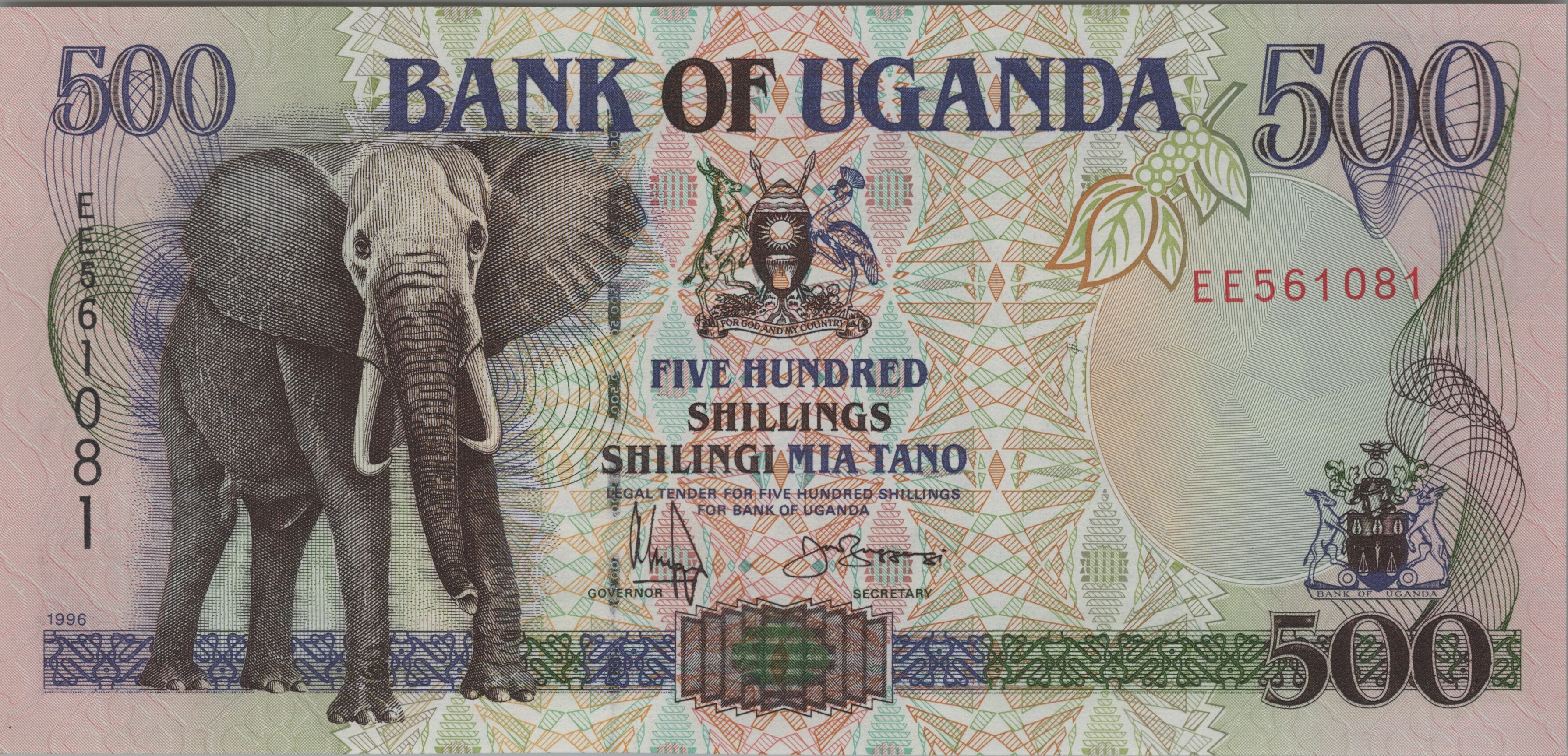 UGANDA 500 Shillings, P35a, UNCIRCULATED, 1996; Stunning Elephant