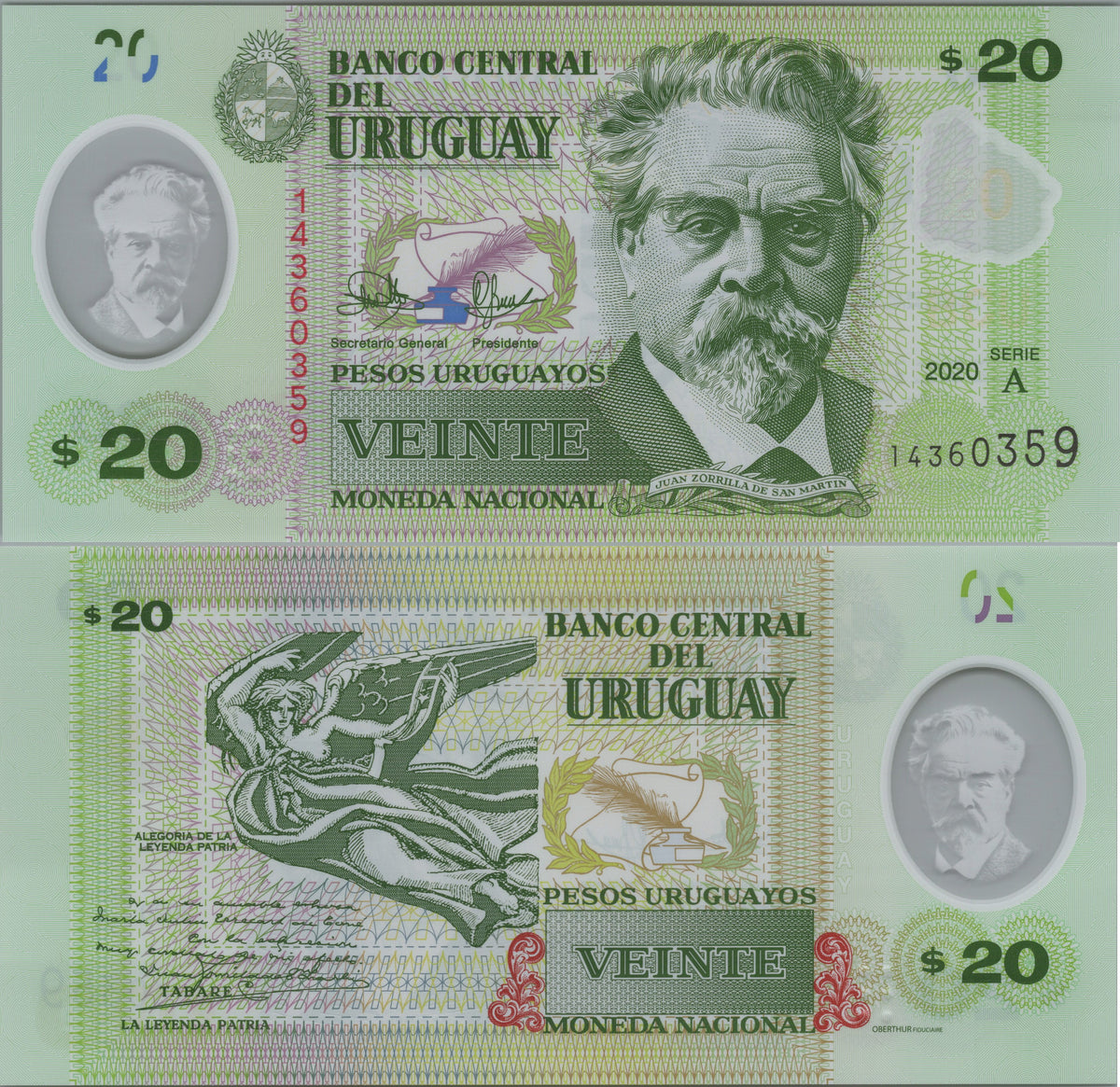 Uruguay 20 Pesos Uruguayos, B560a, 2020, UNCIRCULATED; features Juan Zorrilla de San Martín
