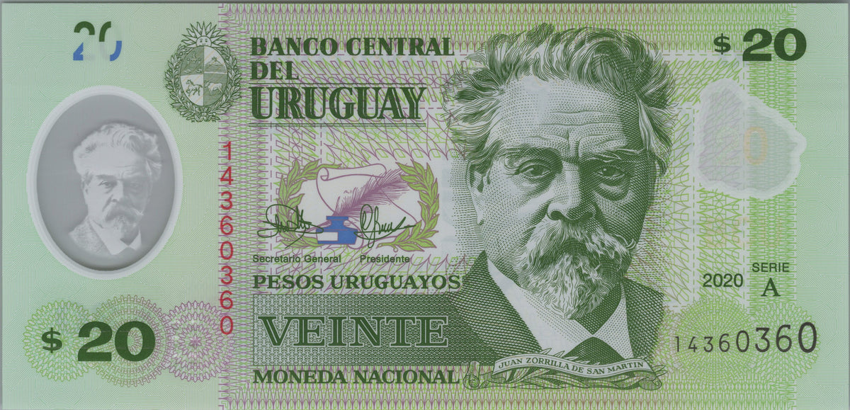 Uruguay 20 Pesos Uruguayos, B560a, 2020, UNCIRCULATED; features Juan Zorrilla de San Martín