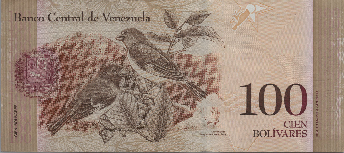 Venezuela 100 Bolivares Fuertes, P93a2, 2007, About Uncirculated (AU); features a Black-hooded Red Siskin