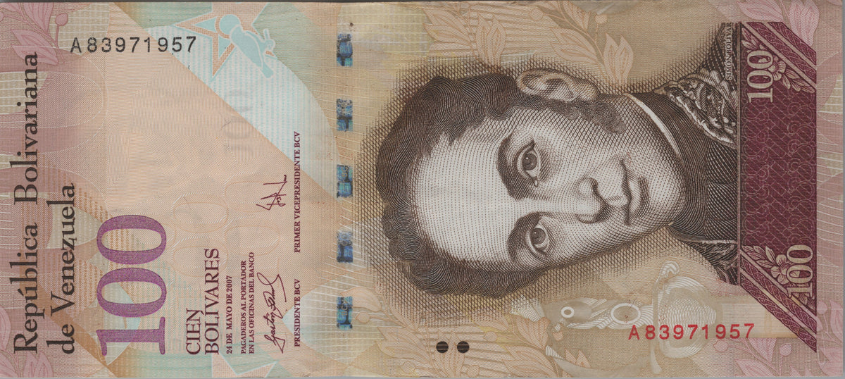 Venezuela 100 Bolivares Fuertes, P93a2, 2007, About Uncirculated (AU); features a Black-hooded Red Siskin