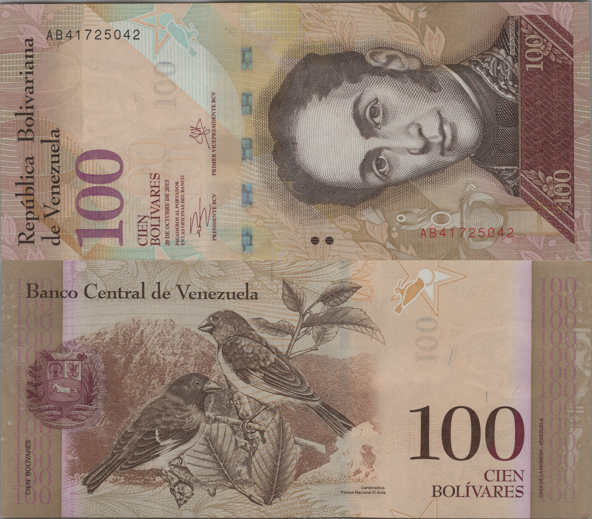 Venezuela 100 Bolivares Fuertes, P93g, 2013, About Uncirculated (AU); features a Black-hooded Red Siskin