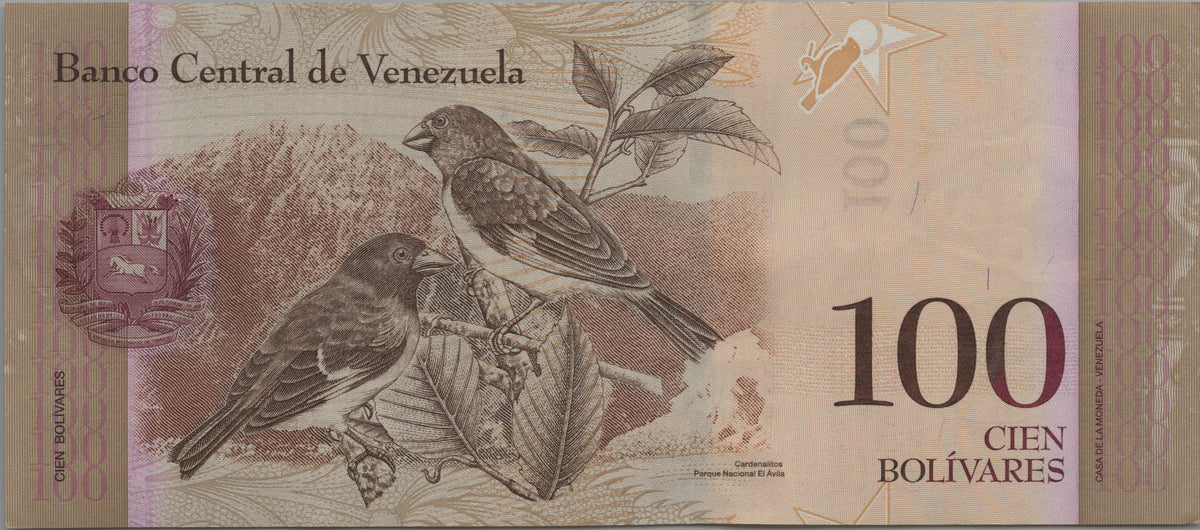 Venezuela 100 Bolivares Fuertes, P93g, 2013, About Uncirculated (AU); features a Black-hooded Red Siskin