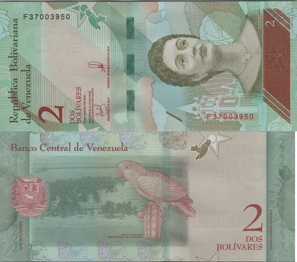 Venezuela 2 Bolivares Soberanos, B371a, 2018, Uncirculated; features a Yellow-shouldered Amazon Parrot
