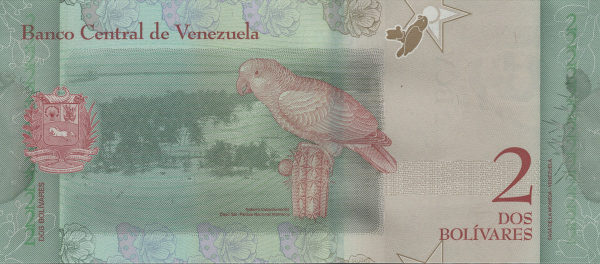 Venezuela 2 Bolivares Soberanos, B371a, 2018, Uncirculated; features a Yellow-shouldered Amazon Parrot