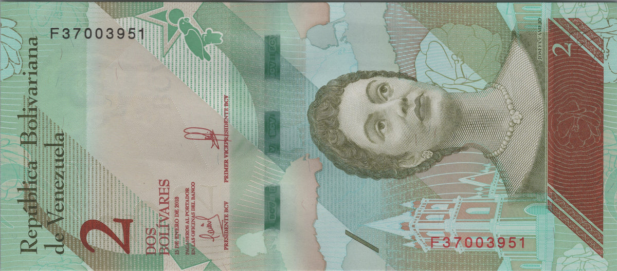 Venezuela 2 Bolivares Soberanos, B371a, 2018, Uncirculated; features a Yellow-shouldered Amazon Parrot