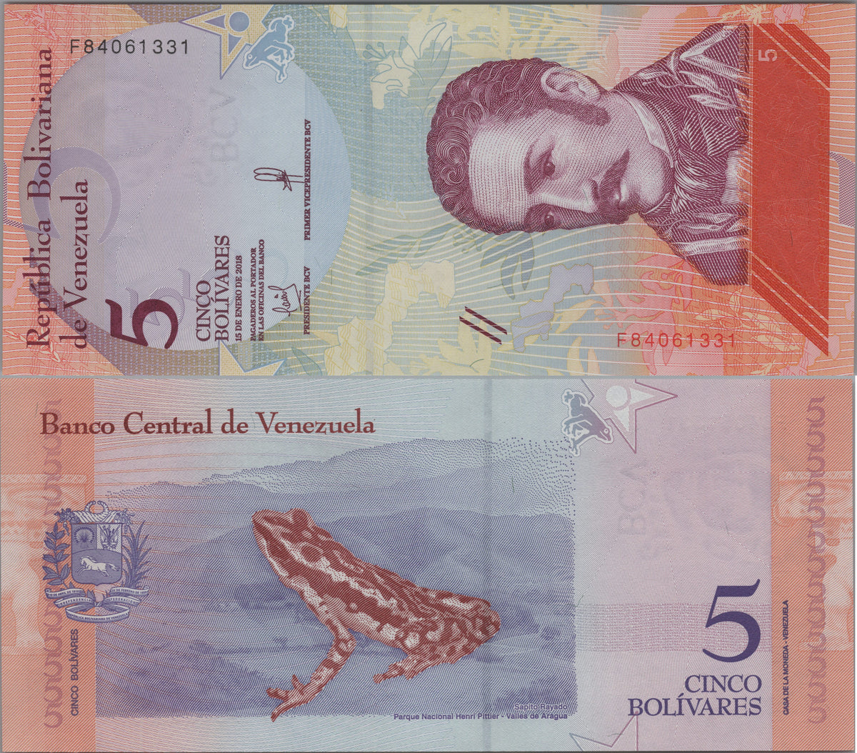 Venezuela 5 Bolivares Soberanos, B372a, 2018, Uncirculated; features a Venezuelan Troupial