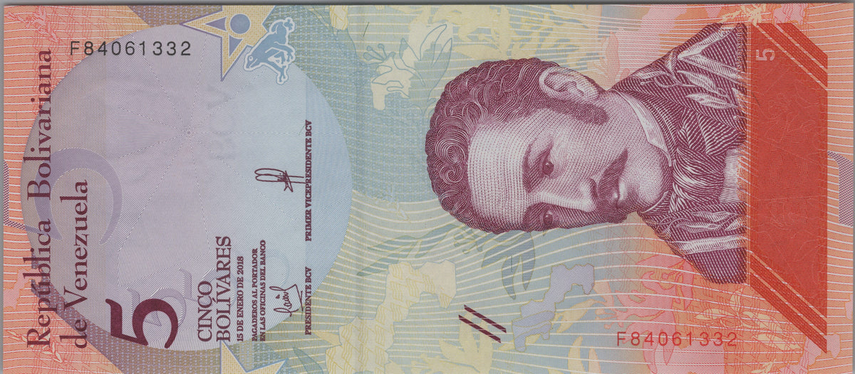 Venezuela 5 Bolivares Soberanos, B372a, 2018, Uncirculated; features a Venezuelan Troupial