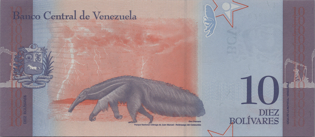 Venezuela 10 Bolivares Soberanos, B373a, 2018, Uncirculated; features a Giant Anteater