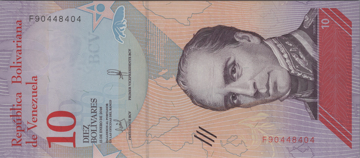 Venezuela 10 Bolivares Soberanos, B373a, 2018, Uncirculated; features a Giant Anteater
