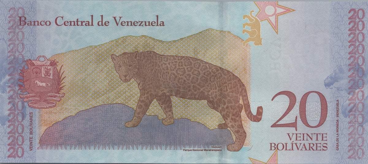 Venezuela 20 Bolivares Soberanos, B374a, 2018, Uncirculated; features a Jaguar