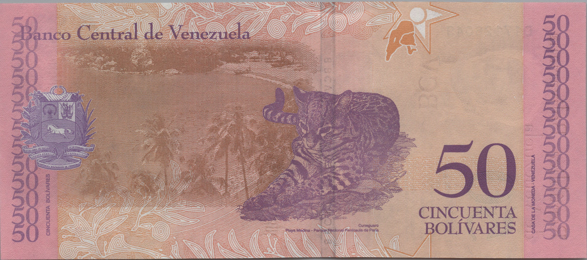 Venezuela 50 Bolivares Soberanos, B375a, 2018, Uncirculated; features a Lowland Tapir
