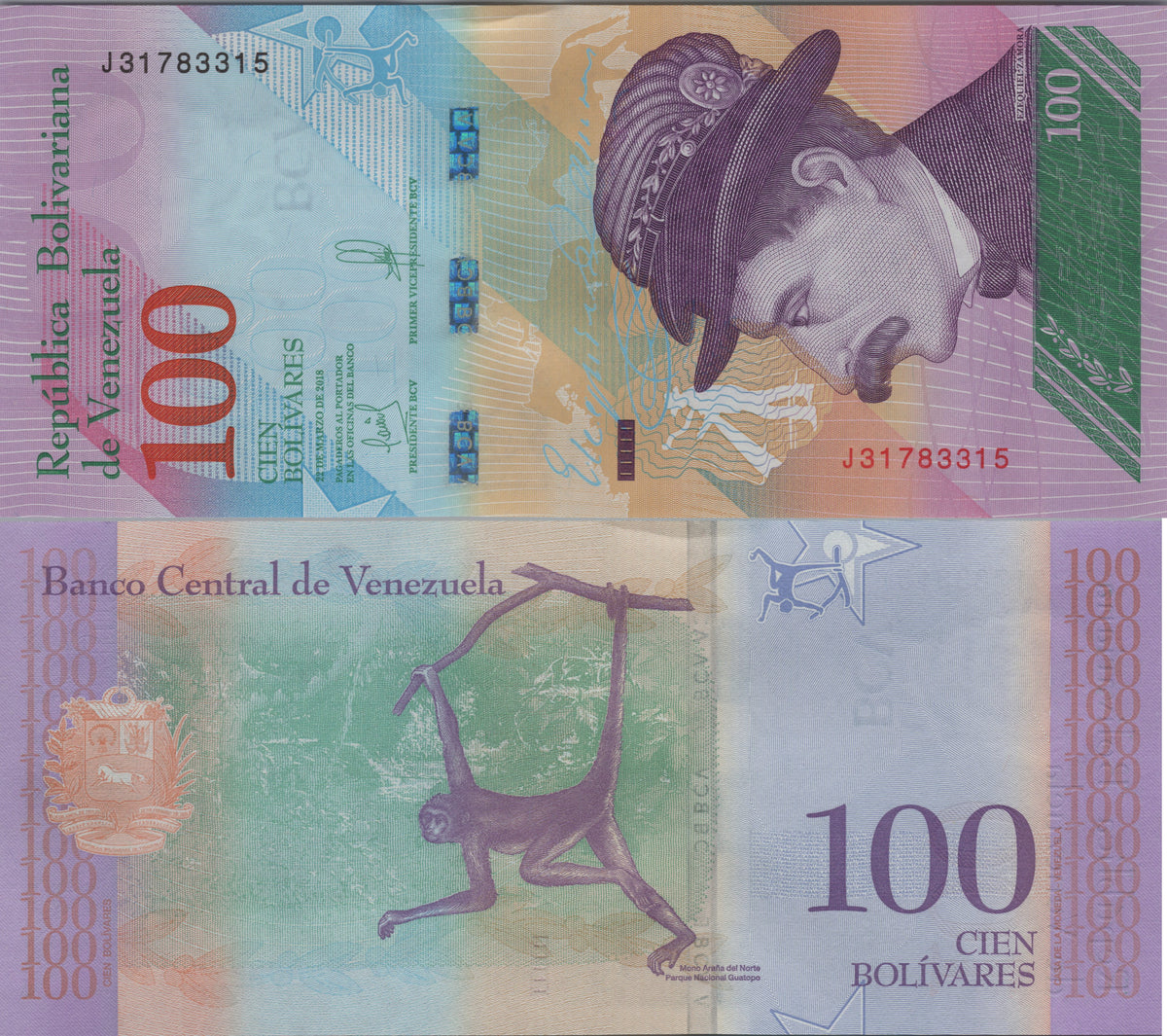 Venezuela 100 Bolivares Soberanos, B376b, 2018, Uncirculated; features a Brown-headed Spider Monkey