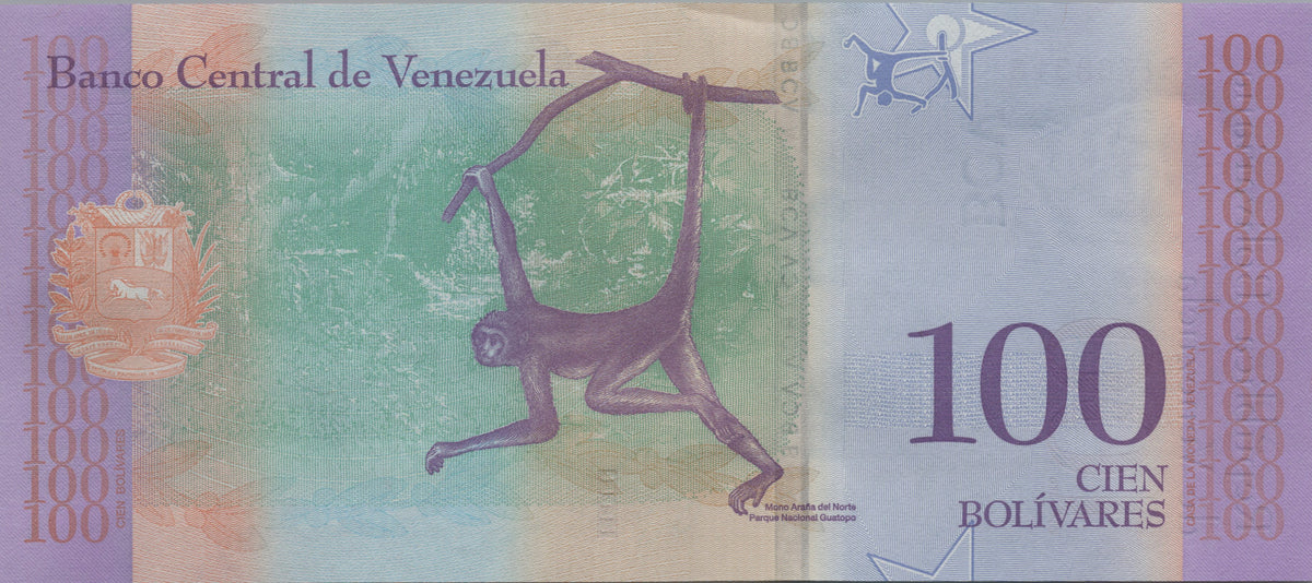 Venezuela 100 Bolivares Soberanos, B376b, 2018, Uncirculated; features a Brown-headed Spider Monkey