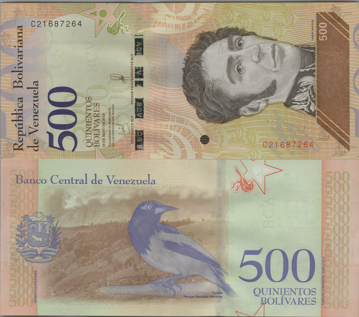 Venezuela 500 Bolivares Soberanos, B378b, 2018, Uncirculated; features a Venezuelan Troupial