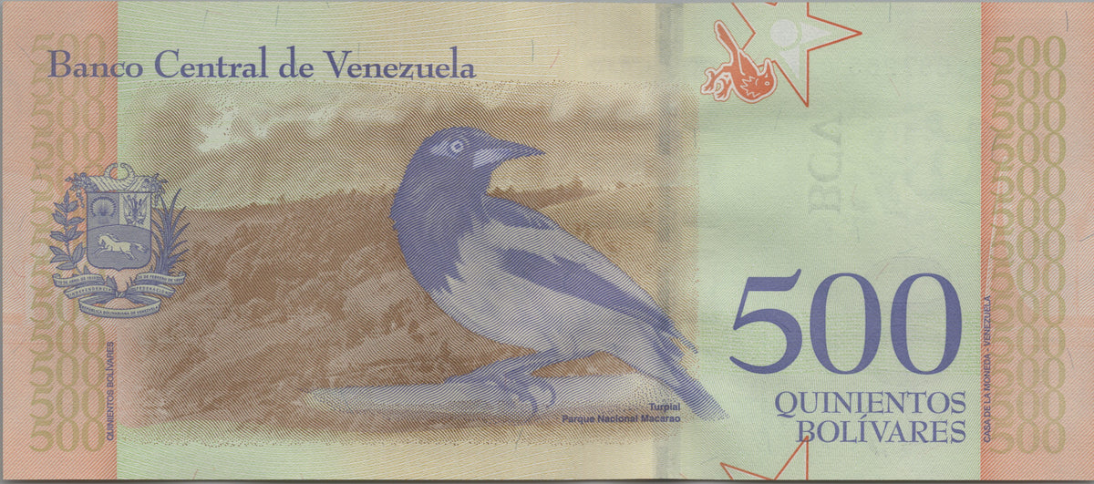 Venezuela 500 Bolivares Soberanos, B378b, 2018, Uncirculated; features a Venezuelan Troupial