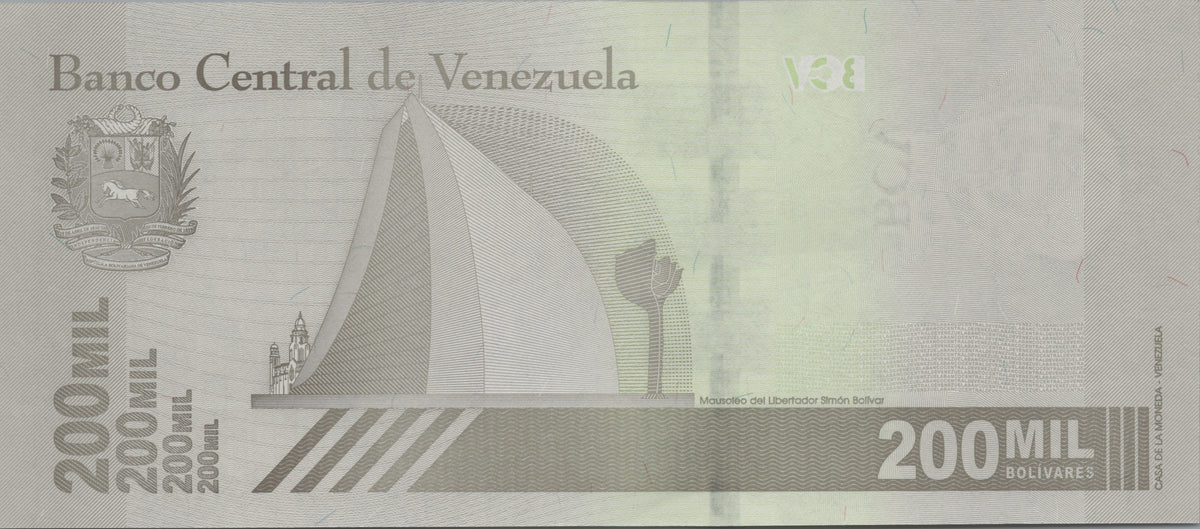 Venezuela 200,000 Bolivares, B382a, Uncirculated, 2020; features Simon Bolivar