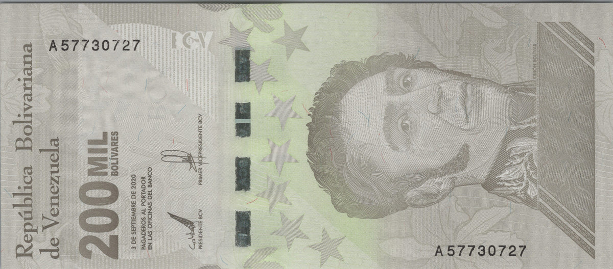 Venezuela 200,000 Bolivares, B382a, Uncirculated, 2020; features Simon Bolivar