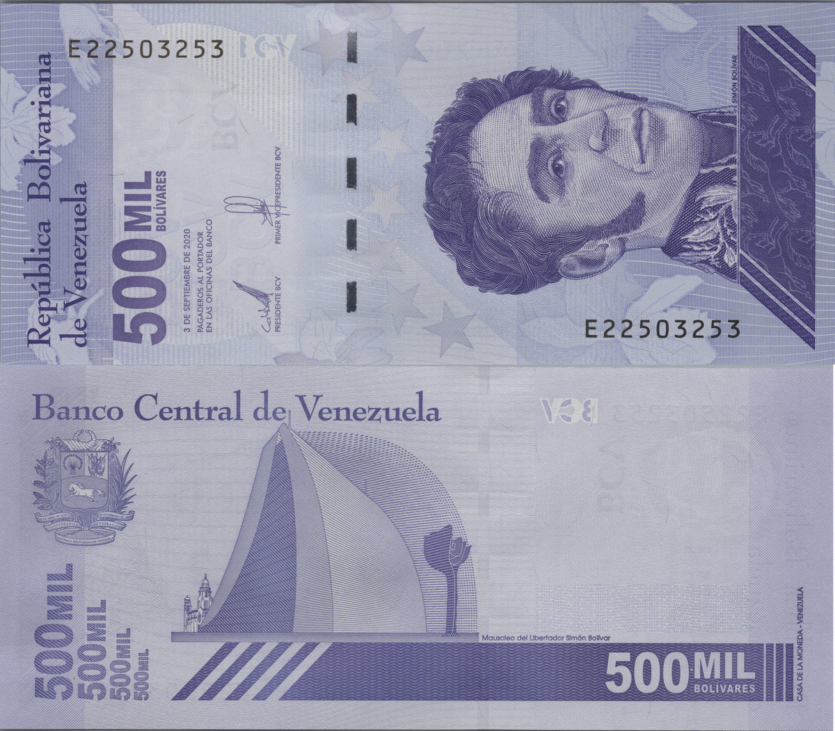 Venezuela 500,000 Bolivares, B383a, Uncirculated, 2020; features Simon Bolivar