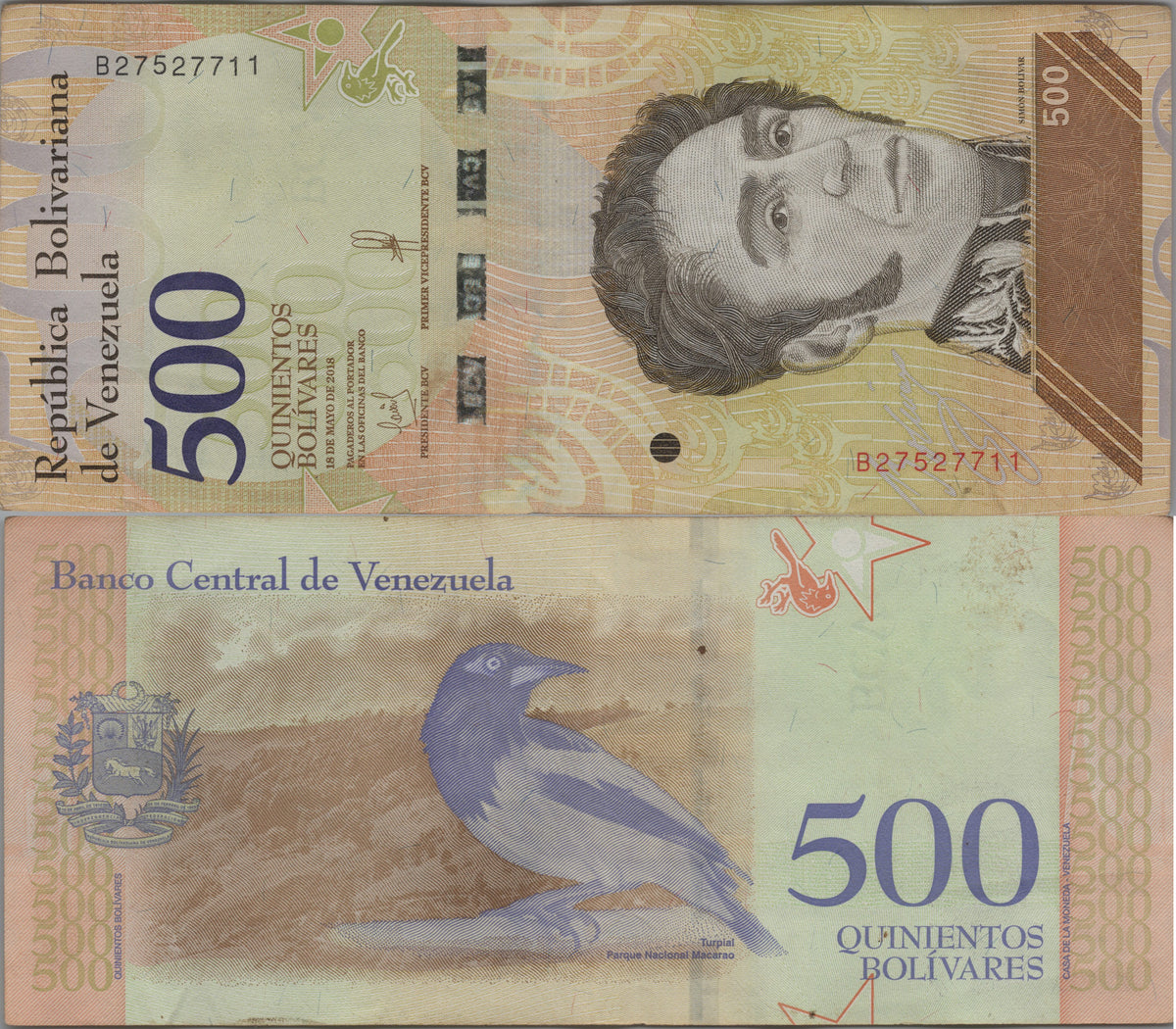 Venezuela 500 Bolivares Soberanos, B378b, 2018, Circulated; features a Venezuelan Troupial