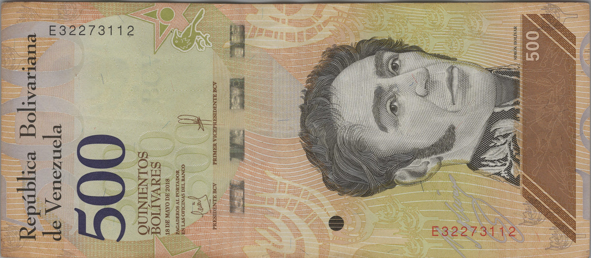 Venezuela 500 Bolivares Soberanos, B378b, 2018, Circulated; features a Venezuelan Troupial