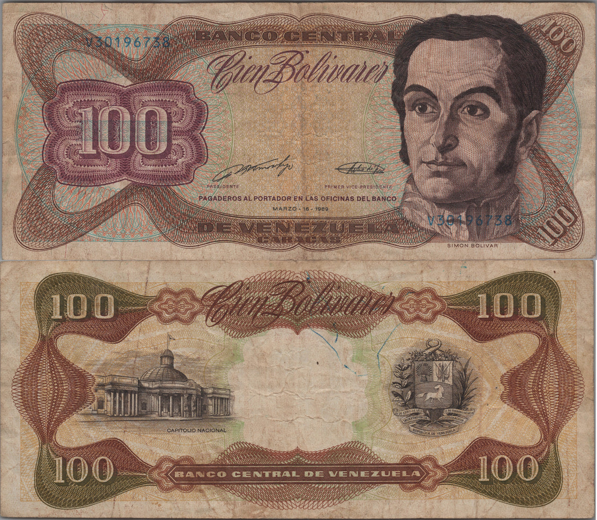 Venezuela 100 Bolivares, P66i, 1989, Circulated; features Simón Bolívar
