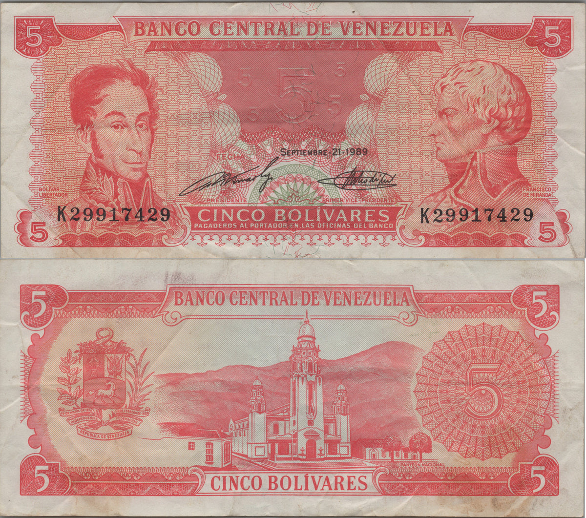 Venezuela 5 Bolivares, P70b, 1989, Circulated; features Simón Bolívar