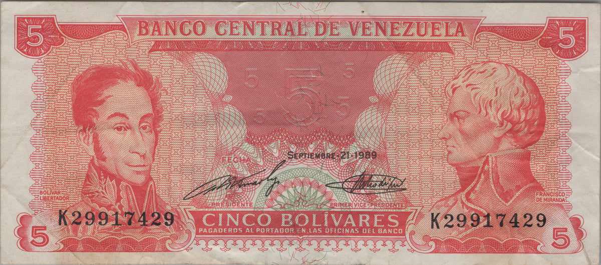Venezuela 5 Bolivares, P70b, 1989, Circulated; features Simón Bolívar