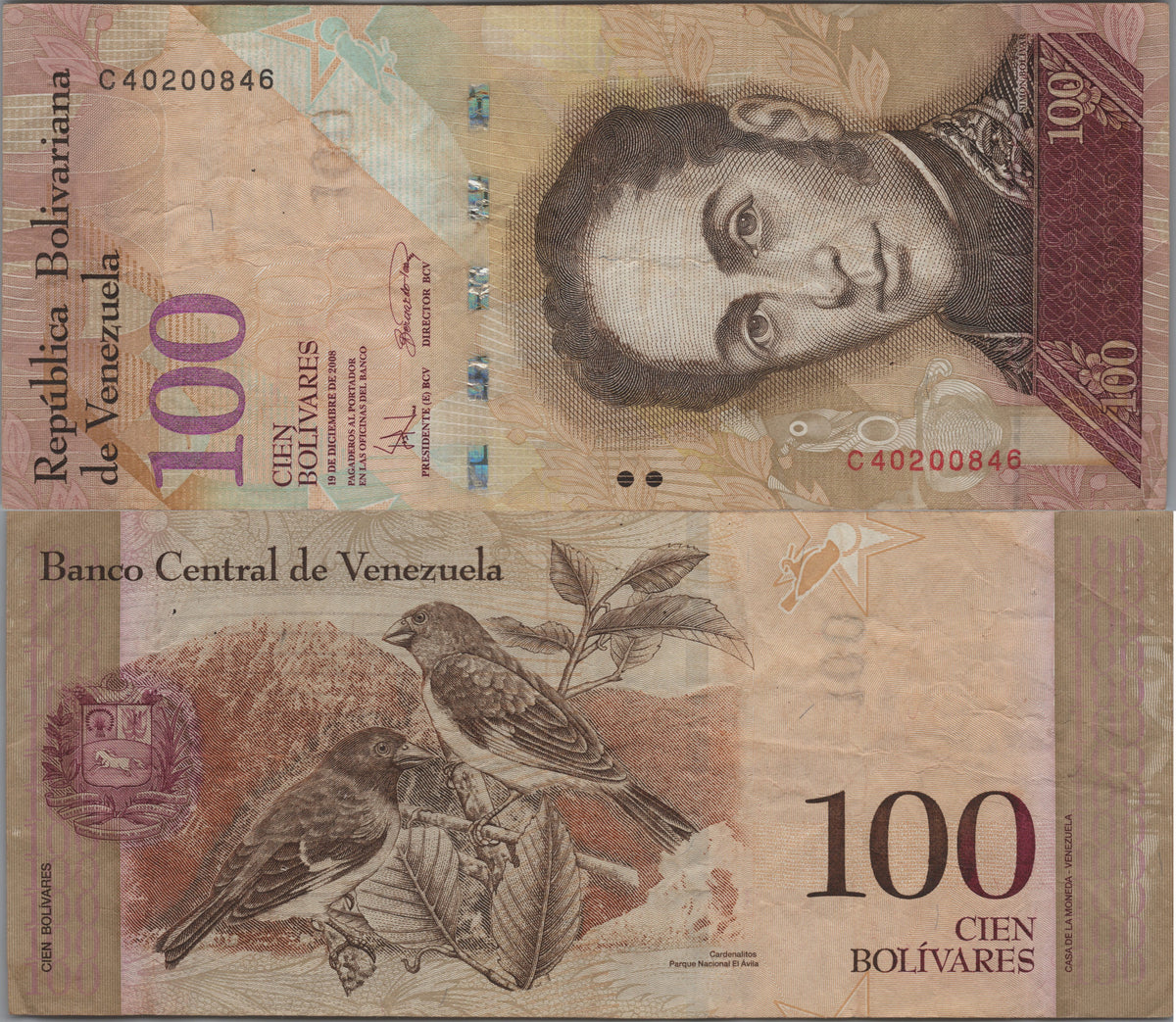 Venezuela 100 Bolivares Fuertes, P93b, 2008, Circulated; features a Black-hooded Red Siskin