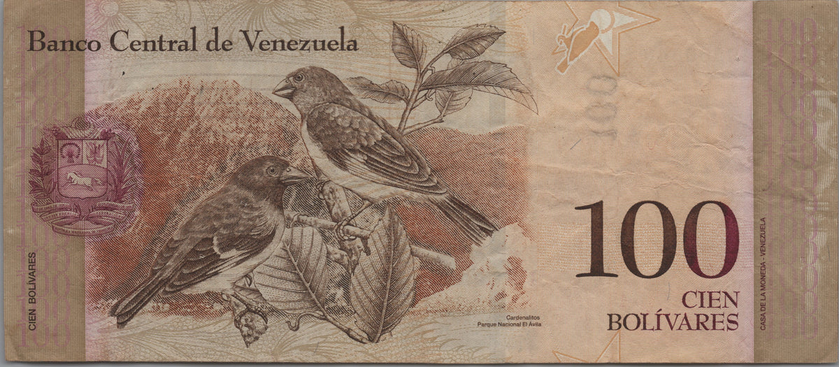 Venezuela 100 Bolivares Fuertes, P93b, 2008, Circulated; features a Black-hooded Red Siskin
