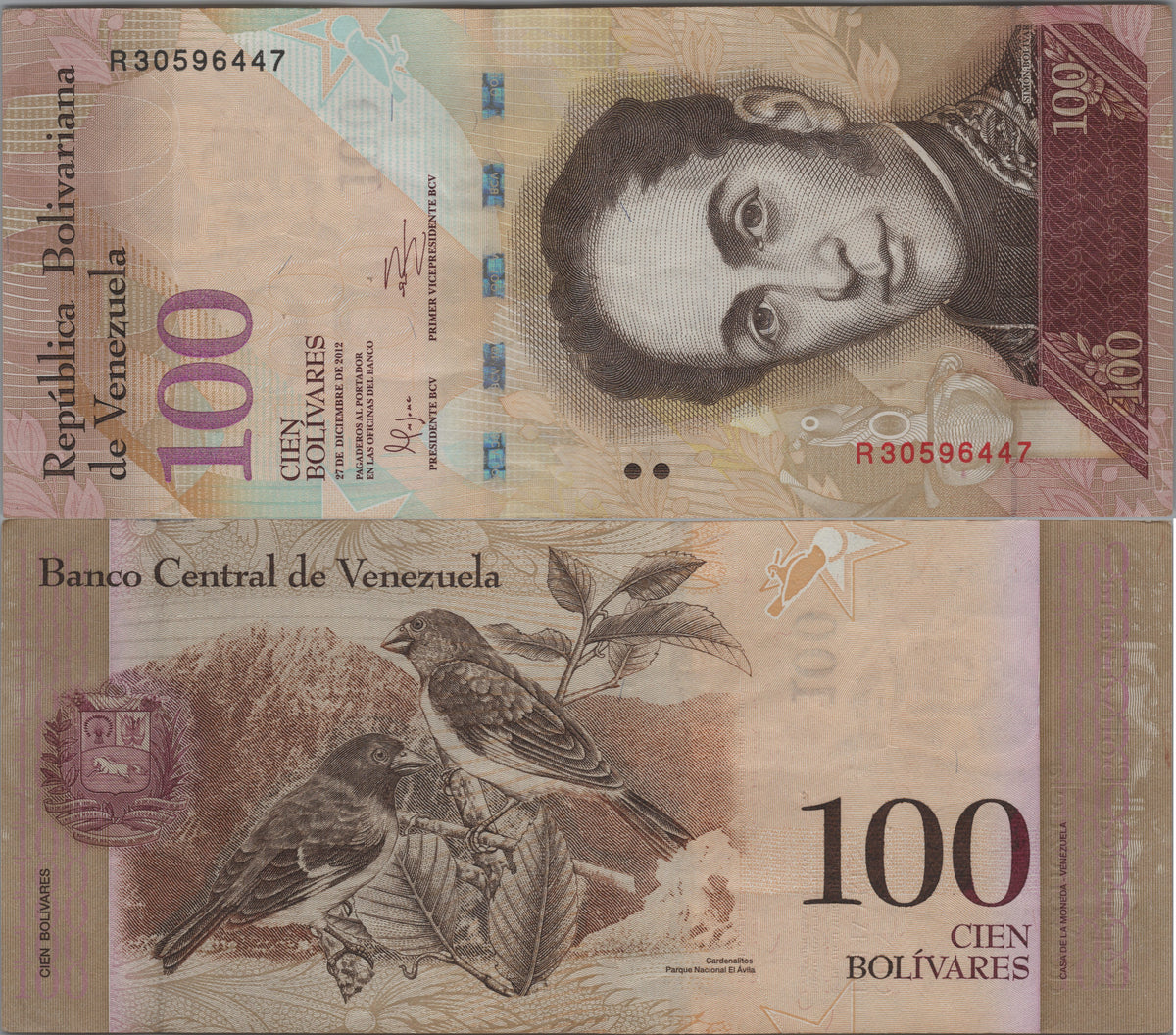 Venezuela 100 Bolivares Fuertes, P93f, 2012, Circulated; features a Black-hooded Red Siskin